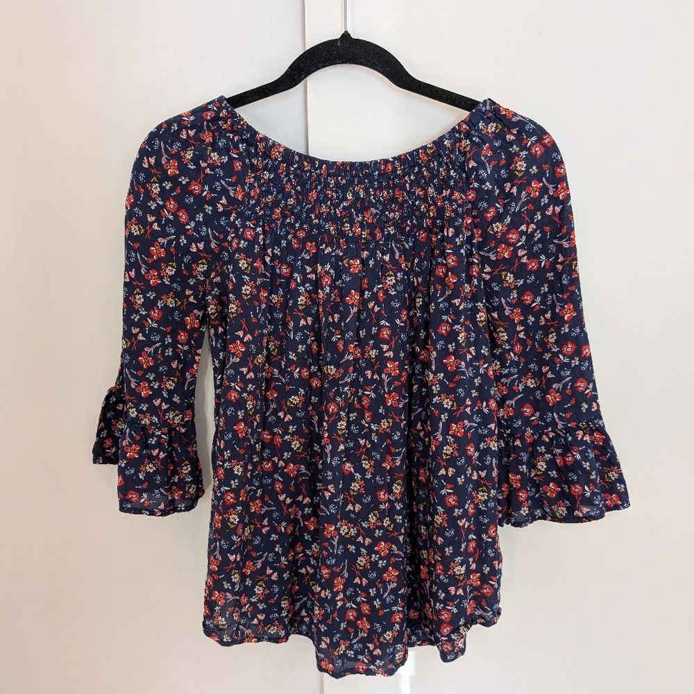 Beachlunchlounge Floral Navy Top Size Small Flowy Sleeves Boho Off Shoulder